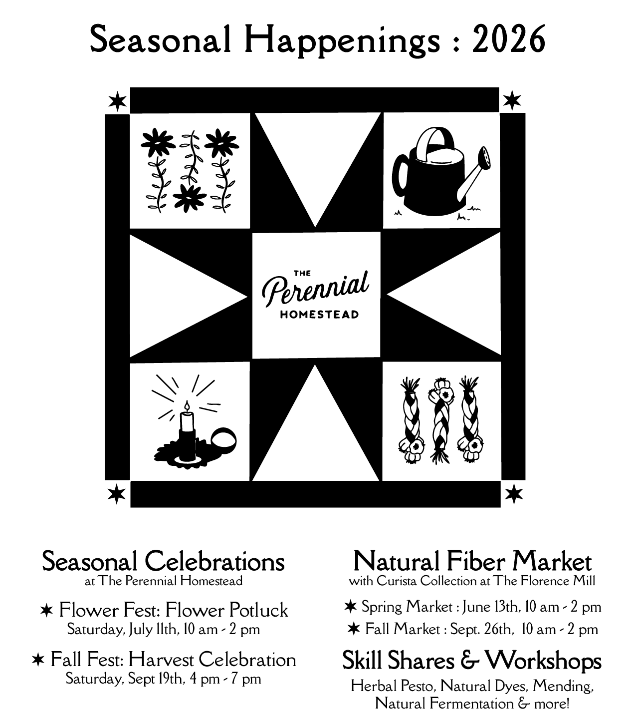 Black and white quilt-style design with event information for The Perennial Homestead 2026.