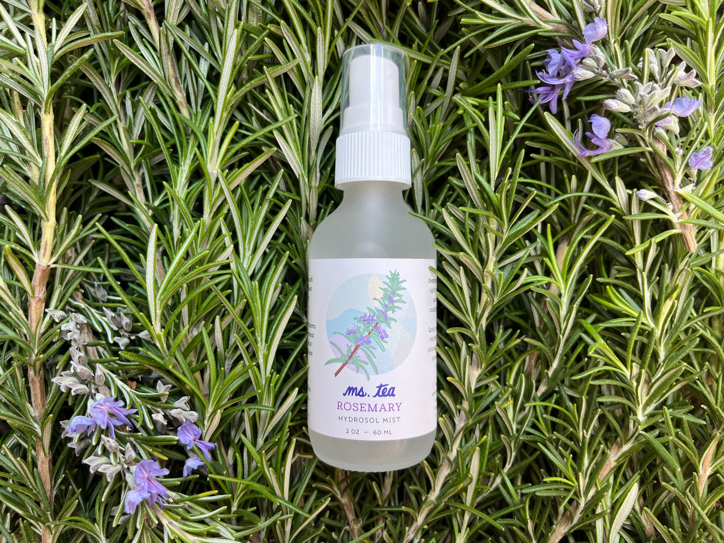 Rosemary hydrosol in a bed of organic California-grown rosemary