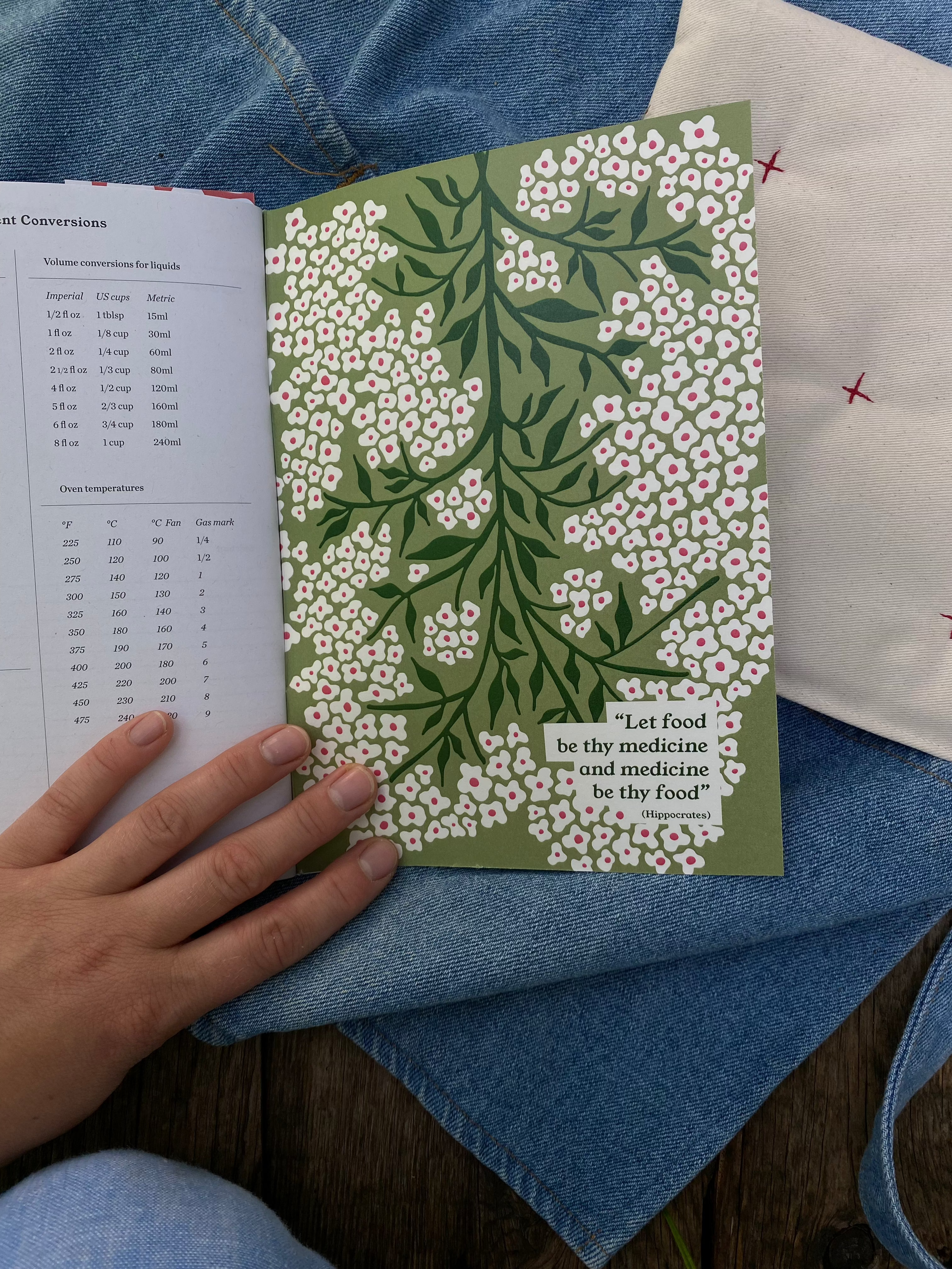Picture of a forget-me-not recipe journal with an apron and a handmade potholder on a wooden background. Text says "Let food be thy medicine and medicine be thy food." - Hippocrates
